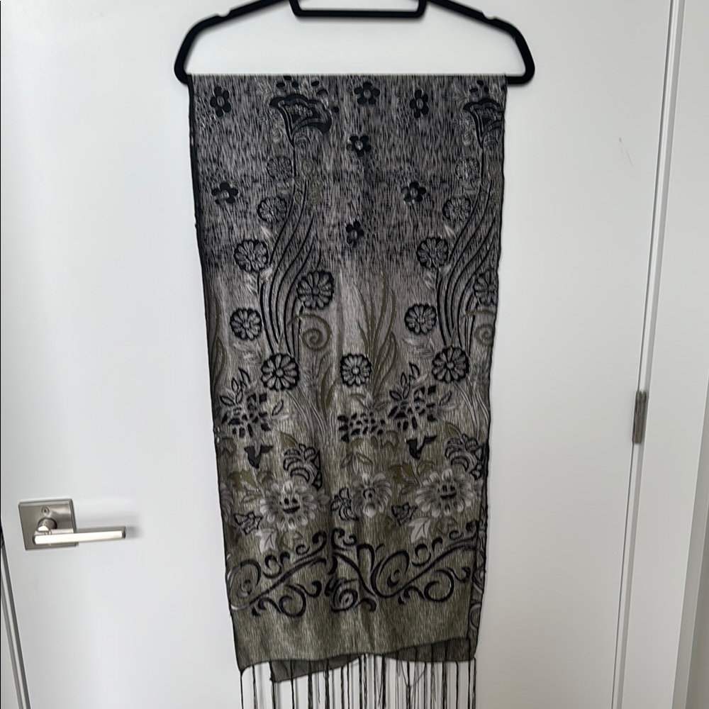 Elegant Black, Silver and Green  Floral Scarf
